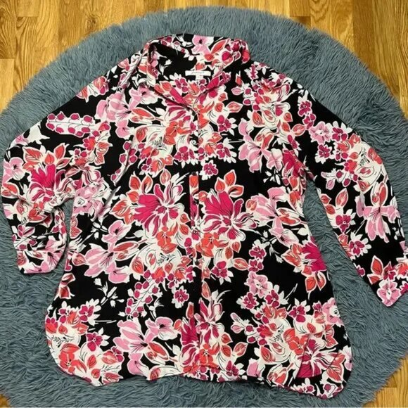 Foxcroft Jade Blooming Dark Floral Tunic Shirt Red Flower Size 22W - Picture 2 of 8